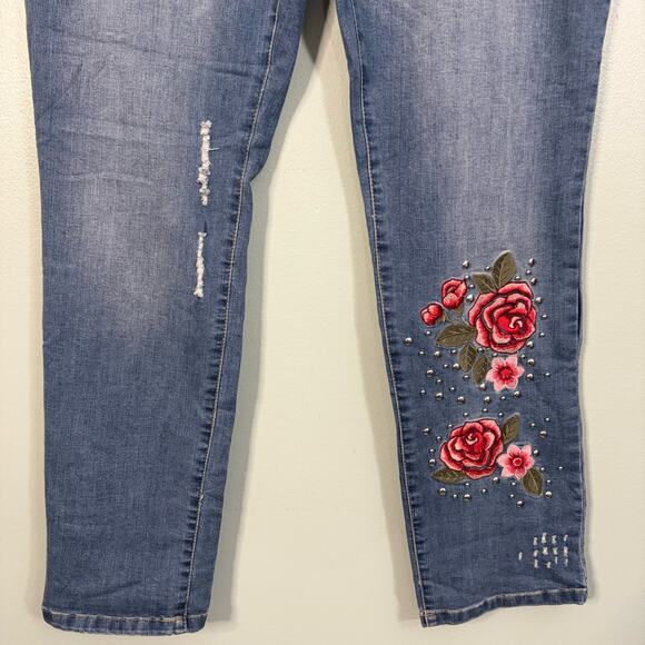 INC Denim Jeans 12 Boyfriend Regular Fit Floral Embroidered Distressed Blue - Picture 5 of 9